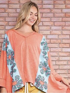 Coral Floral-Panel V-Neck Tunic Top